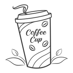 Stylized line art coffee cup with coffee beans and leaves
