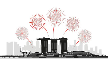 Silhouette of Singapore skyline with fireworks exploding above Marina Bay Sands.