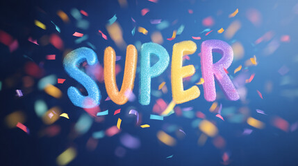 Vibrant rainbow SUPER SALE lettering over a cheerful blue backdrop with confetti, ideal for big sale events and promotional offers.

