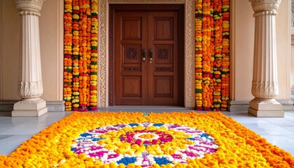 Ornate doorway adorned with vibrant floral garlands and a mandala-patterned carpet of flowers