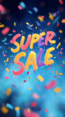 Festive blue background with rainbow SUPER SALE text and celebratory confetti, great for social media ads and retail sales.

