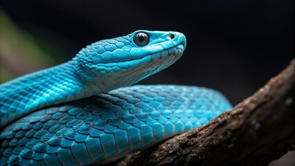 Obraz premium Vibrant Blue Snake Resting on Branch with Detailed Scales