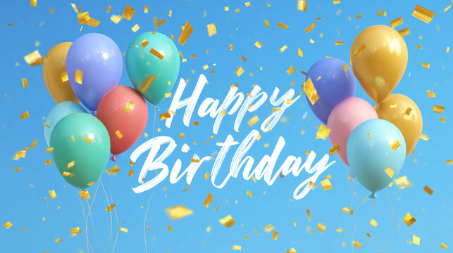rainbow color air balloons happy birthday text on festive blue background with flying golden confetti, celebratory, party video card, birthday greetings, events poster, birthday celebration.