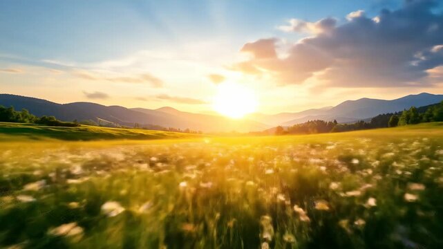 Flying Fast Through a Golden Wildflower Field Towards a Majestic Mountain Sunset