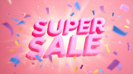 Vibrant pink backdrop with festive confetti and large SUPER SALE lettering — perfect for big sales and marketing visuals.

