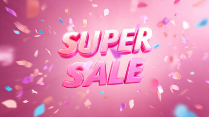 SUPER SALE banner with colorful confetti on a cheerful pink background — social media promo and discount ad design.

