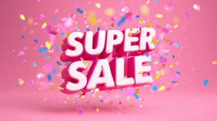 Glittering confetti flying behind SUPER SALE text on a pink party-style backdrop — used for promotions and offers.

