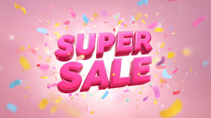 Cheerful pink background with festive flying confetti and bold SUPER SALE message — retail and e-commerce marketing.


