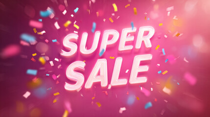 SUPER SALE words in bold letters over light pink background with falling celebration confetti — great for digital ads.

