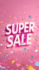 Confetti explosion around bright SALE text on pink gradient background — big sale and shopping promotion concept.

