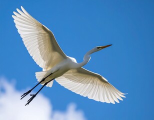 A great egret in flight against a vibrant blue sky.  Large white bird with outstretched wings, soaring gracefully.  Feathers are detailed, showing texture.  Clear blue sky, with a few scattered clouds