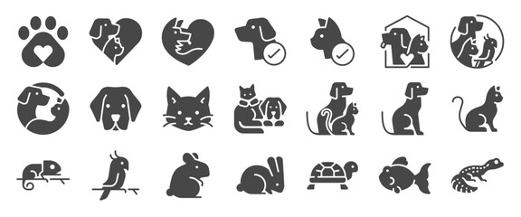 Pet friendly solid icon set. Included the icons as&nbsp;dog, cat, animals, bird, fish, and more.