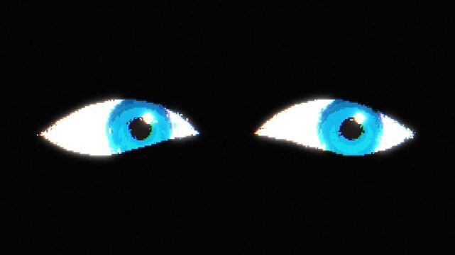 Loop animation of blue pixel art eyes on black background with RGB glitch effect. The eyes move side to side and forward in constant motion.