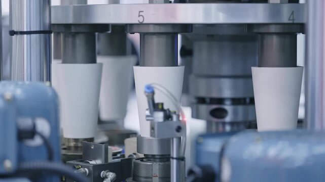 Close-up of automated paper cup forming machine in industrial production. High-speed manufacturing process showing precision engineering and modern food packaging technology.