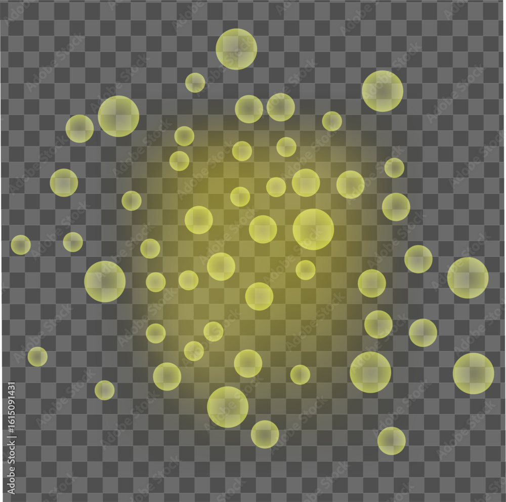 Poster glowing light bubbles, yellow transparent sparkles cluster with soft glow effect used for magic fant