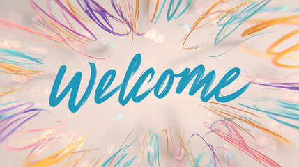 Colorful light trails behind elegant Welcome type on cream.

