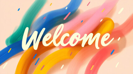Animated Welcome text with colorful swirling lines on a soft pastel background.

