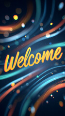 Bold Welcome title with abstract colorful spirals on light beige backdrop.


