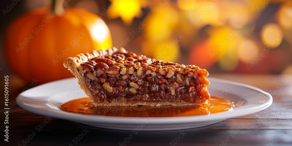 Poster indulgent bourbon pecan pie slice with drizzled caramel on a rustic wooden table in autumn setting