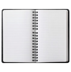 Open spiral bound notebook with blank and written pages isolated on transparent background
