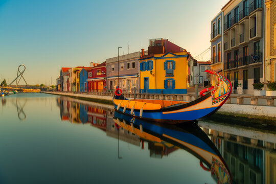 Aveiro, Portugal, Colorful Art Nouveau buildings and boats In Aveiro, Centro Region of Portugal