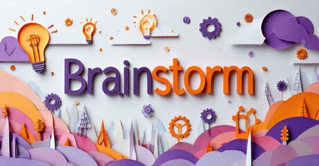 Fototapeta premium Papercraft cityscape displays word Brainstorm. Lightbulbs, gears suggest ideas, innovation, creative thinking process. Colorful design.