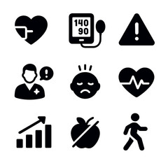 Hypertension Awareness Icons. Solid, filled icon set of hypertension awareness: red heart with pressure mark, high reading screen,