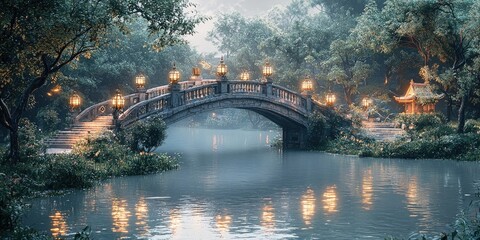 Stone pedestrian bridge with lamp posts crossing calm river, surrounded by autumn trees, reflections on water, misty background, park landscape, peaceful scenery. Generative by AI.