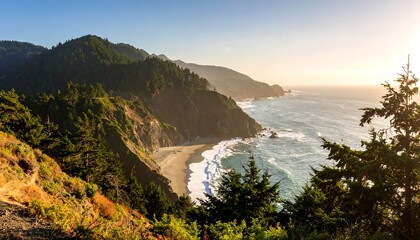 Panoramic coastal sunset view; secluded beach nestled between verdant cliffs and a tranquil ocean