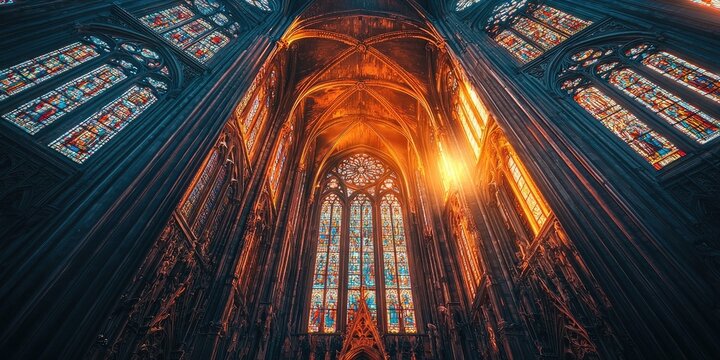 Gothic cathedral facade with detailed spires, large stained glass windows, pointed arches, intricate carvings viewed from low angle against sunset sky. Generative by AI.