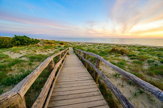 Wooden Walkway to paradise beach at sunset time - Tuscany -  Travel destination in Italy