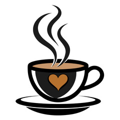 Stylized illustration of a steaming cup of coffee with a heart emblem