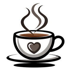 Stylized illustration of a steaming cup of coffee with a heart emblem