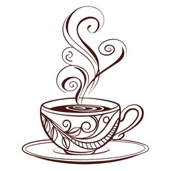 Decorative coffee cup with swirling steam and floral design