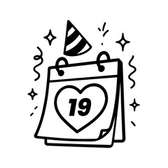 black calendar date icon with heart and party hat, number 19 highlighted, editable formats: ai, eps, jpg, png, ideal for both digital and print use
