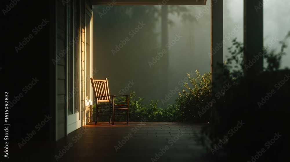 Poster sunlight filters through mist, illuminating an empty chair on po