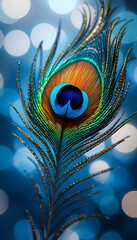 Vibrant peacock feather phone wallpaper. Elegant close-up illustration of a colorful feather eye with a blue bokeh background.