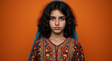 Stunning portrait of a young Afghan girl in traditional dress against a vibrant orange backdrop