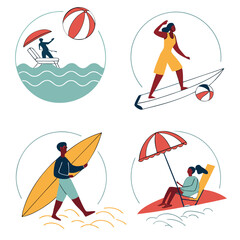 Diverse people enjoying summer beach activities and water sports