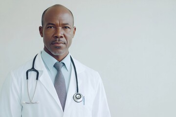 Close-up photo of an African-American doctor standing in a white uniform on a white background and looking completely confident in his professional skills. Copy space. Banner for advertising