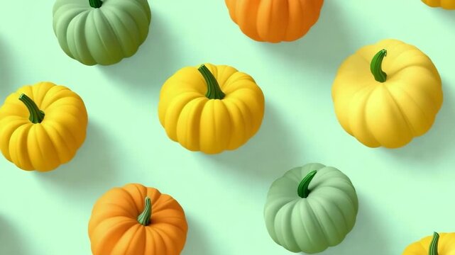 A row of pumpkins in various colors, including orange, yellow, and green. Concept of abundance and harvest, as the pumpkins are arranged in a visually appealing pattern