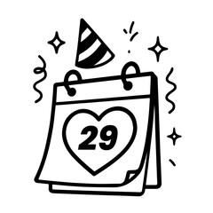 black calendar date icon with heart and party hat, number 29 highlighted, editable formats: ai, eps, jpg, png, ideal for both digital and print use
