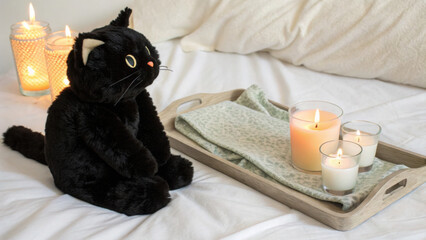 Cozy scene featuring black cat plush toy sitting beside tray with lit candles on soft bed. warm glow of candles creates relaxing atmosphere, perfect for unwinding