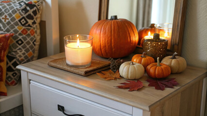 Cozy nightstand adorned with glowing candle, mini pumpkins, and autumn leaves creates warm and inviting atmosphere. soft light and seasonal decor evoke feelings of comfort and tranquility