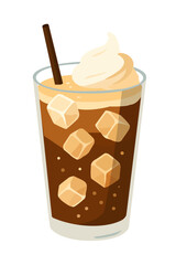 Iced coffee with whipped cream and ice cubes in glass cup