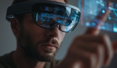 Engineer wearing AR glasses interacting with holographic displays and digital models on dark gray background, holding white device for futuristic design technology