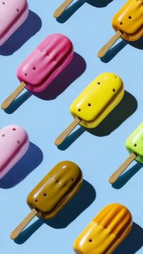 A row of colorful ice cream pops with gold accents. The pops are arranged in a pattern, with some being red, yellow, and pink. The pops are placed on a blue background