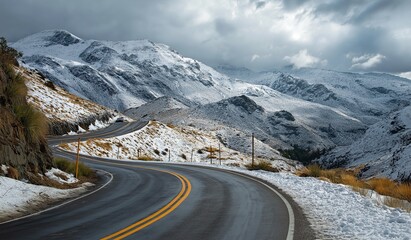 Winding mountain road with snow-capped peaks under overcast skies, featuring striking yellow lines on asphalt against a majestic winter landscape