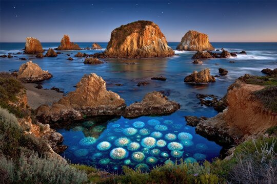 Coastal scene, rocky outcrops, calm water, reflecting sky, luminous underwater flora