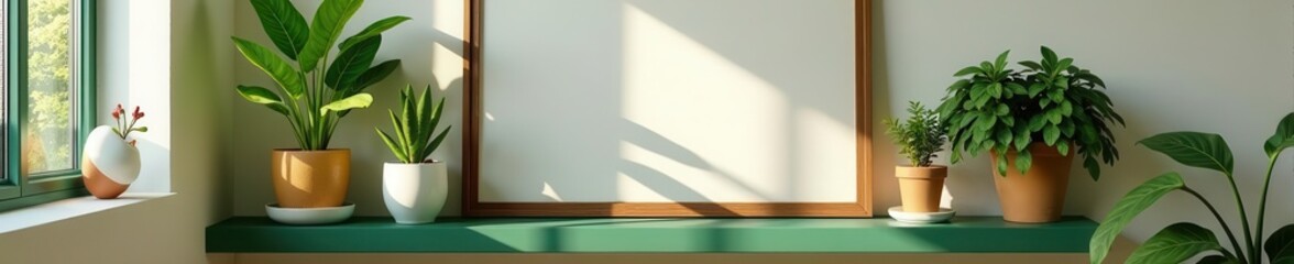 Modern living room with brown frame, vibrant plants on green shelf , shelf, brown frame, floral